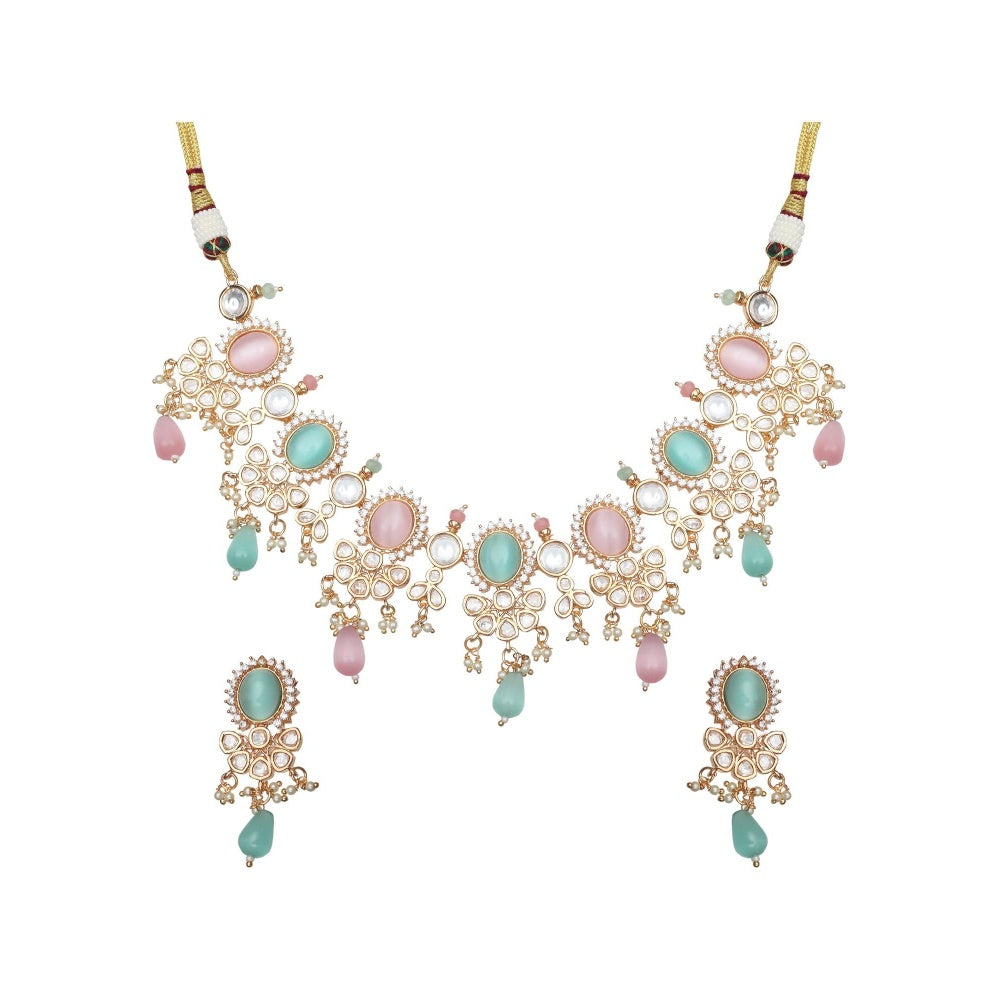 Akulya Jewels Blush Pink and Mint Kundan Necklace (Set of 2)