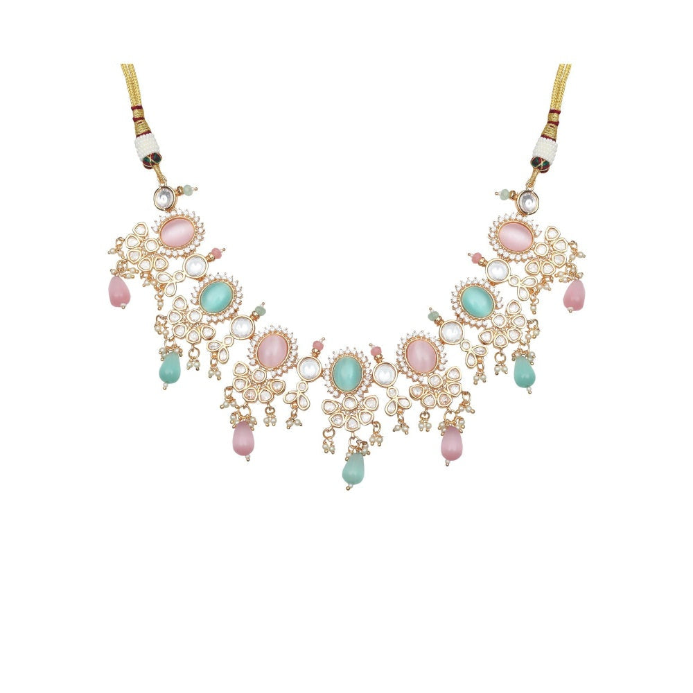 Akulya Jewels Blush Pink and Mint Kundan Necklace (Set of 2)