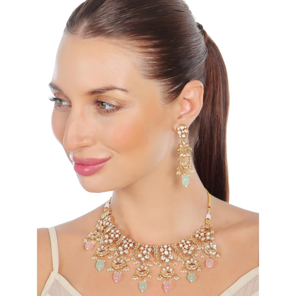 Akulya Jewels Kundan Necklace with Mint and Blush Pink Beads (Set of 2)