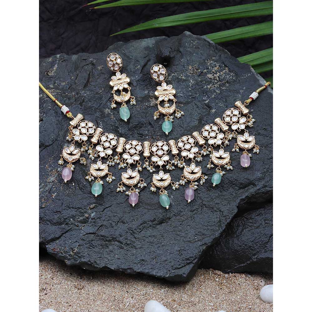 Akulya Jewels Kundan Necklace with Mint and Blush Pink Beads (Set of 2)