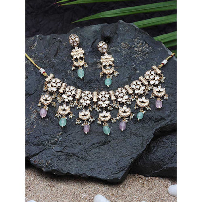 Akulya Jewels Kundan Necklace with Mint and Blush Pink Beads (Set of 2)