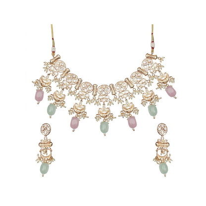 Akulya Jewels Kundan Necklace with Mint and Blush Pink Beads (Set of 2)