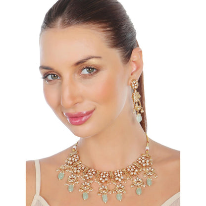 Akulya Jewels Kundan Necklace with Mint Green Beads (Set of 2)