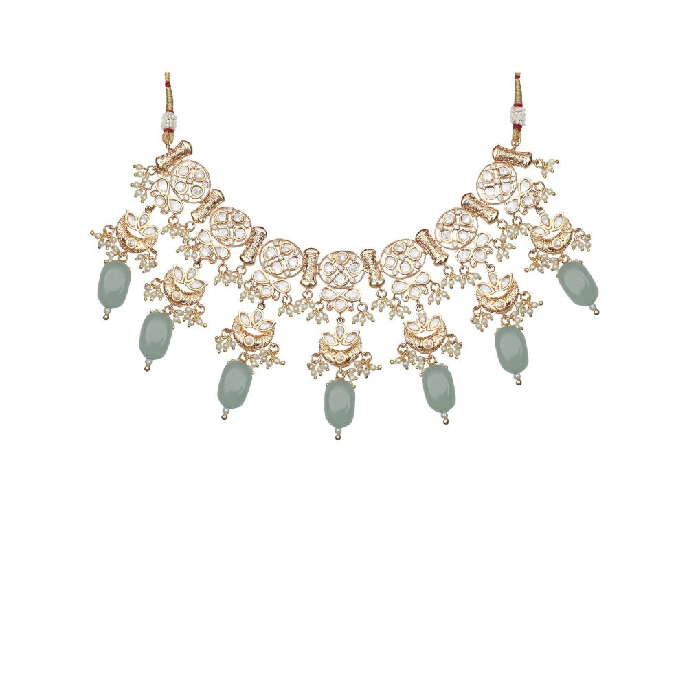 Akulya Jewels Kundan Necklace with Mint Green Beads (Set of 2)