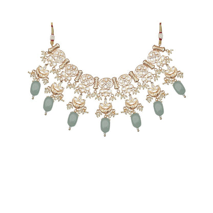 Akulya Jewels Kundan Necklace with Mint Green Beads (Set of 2)