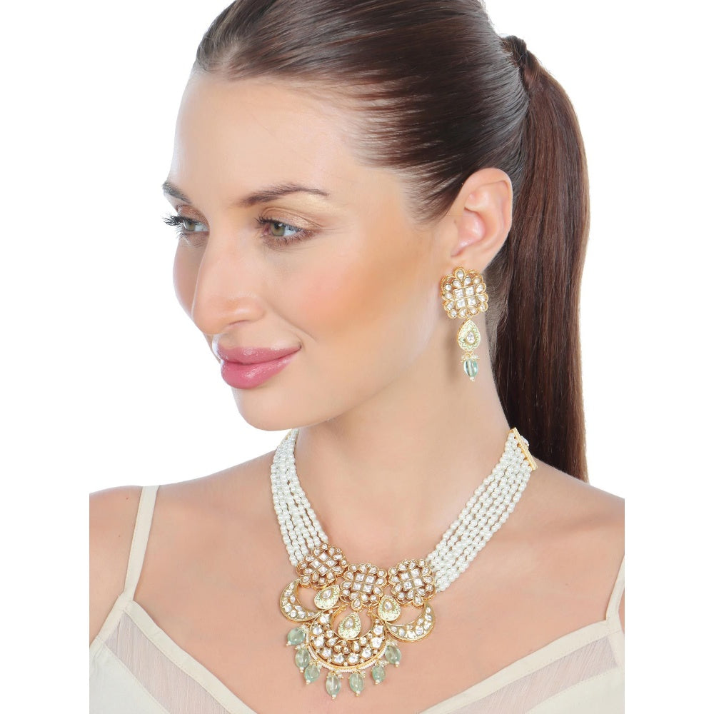 Akulya Jewels Mint Green Kundan Polki Necklace (Set of 2)