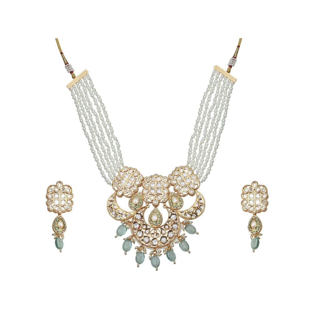 Akulya Jewels Mint Green Kundan Polki Necklace (Set of 2)