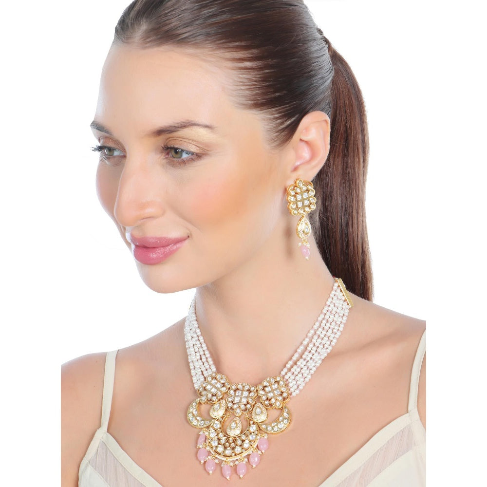 Akulya Jewels Blush Pink Kundan Polki Necklace (Set of 2)
