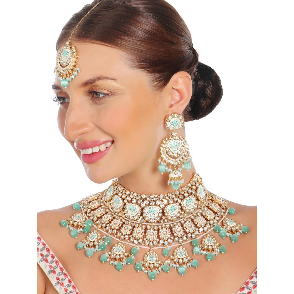 Akulya Jewels Mint Green Minakari Kundan Choker (Set of 3)