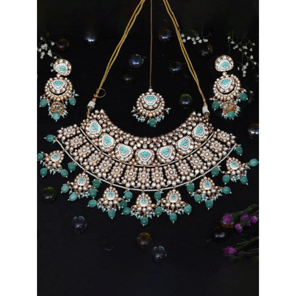 Akulya Jewels Mint Green Minakari Kundan Choker (Set of 3)