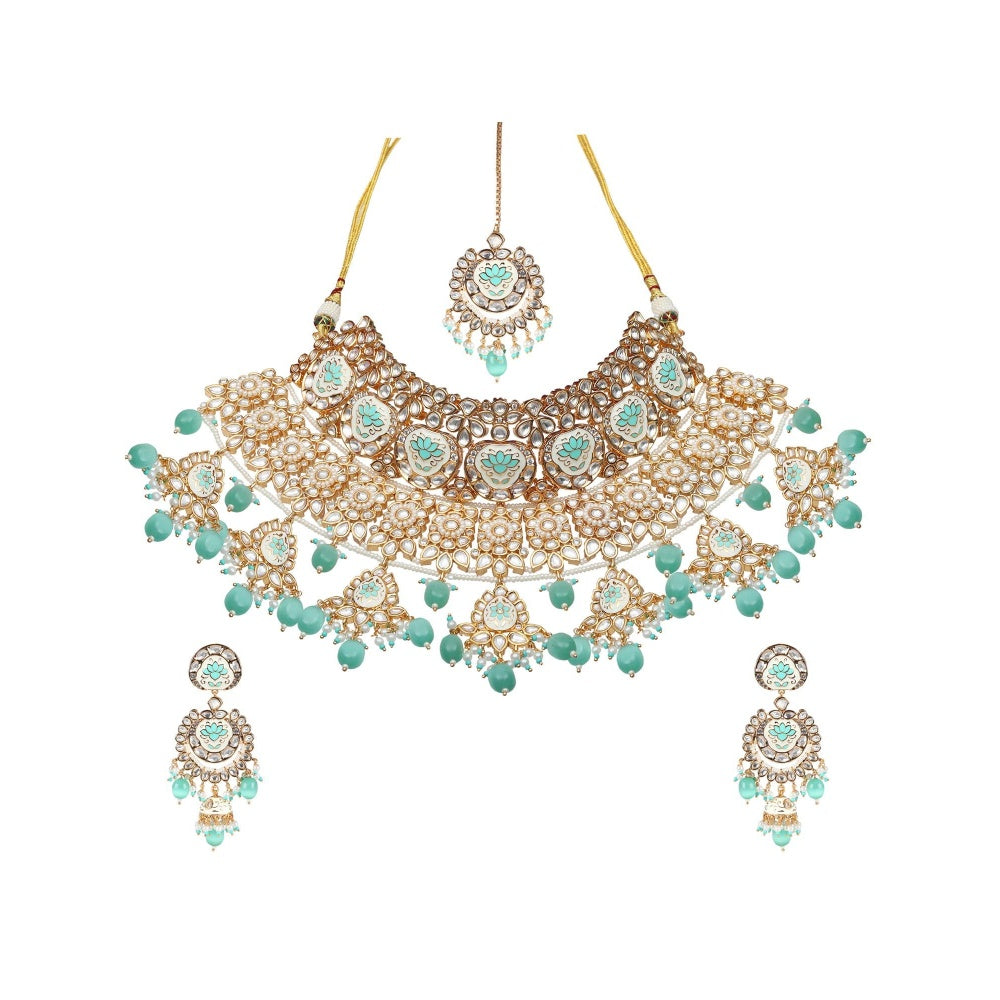 Akulya Jewels Mint Green Minakari Kundan Choker (Set of 3)