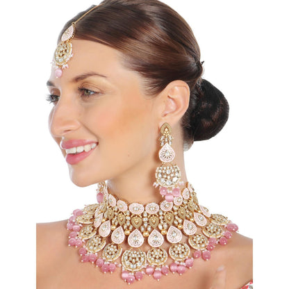 Akulya Jewels Blush Pink and White Minakari Kundan Choker (Set of 3)