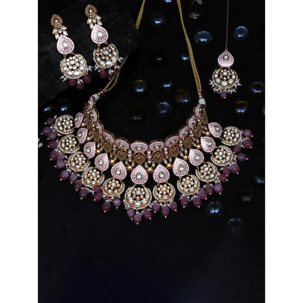 Akulya Jewels Blush Pink and White Minakari Kundan Choker (Set of 3)