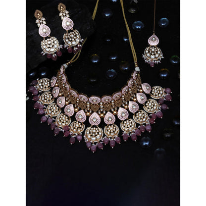 Akulya Jewels Blush Pink and White Minakari Kundan Choker (Set of 3)