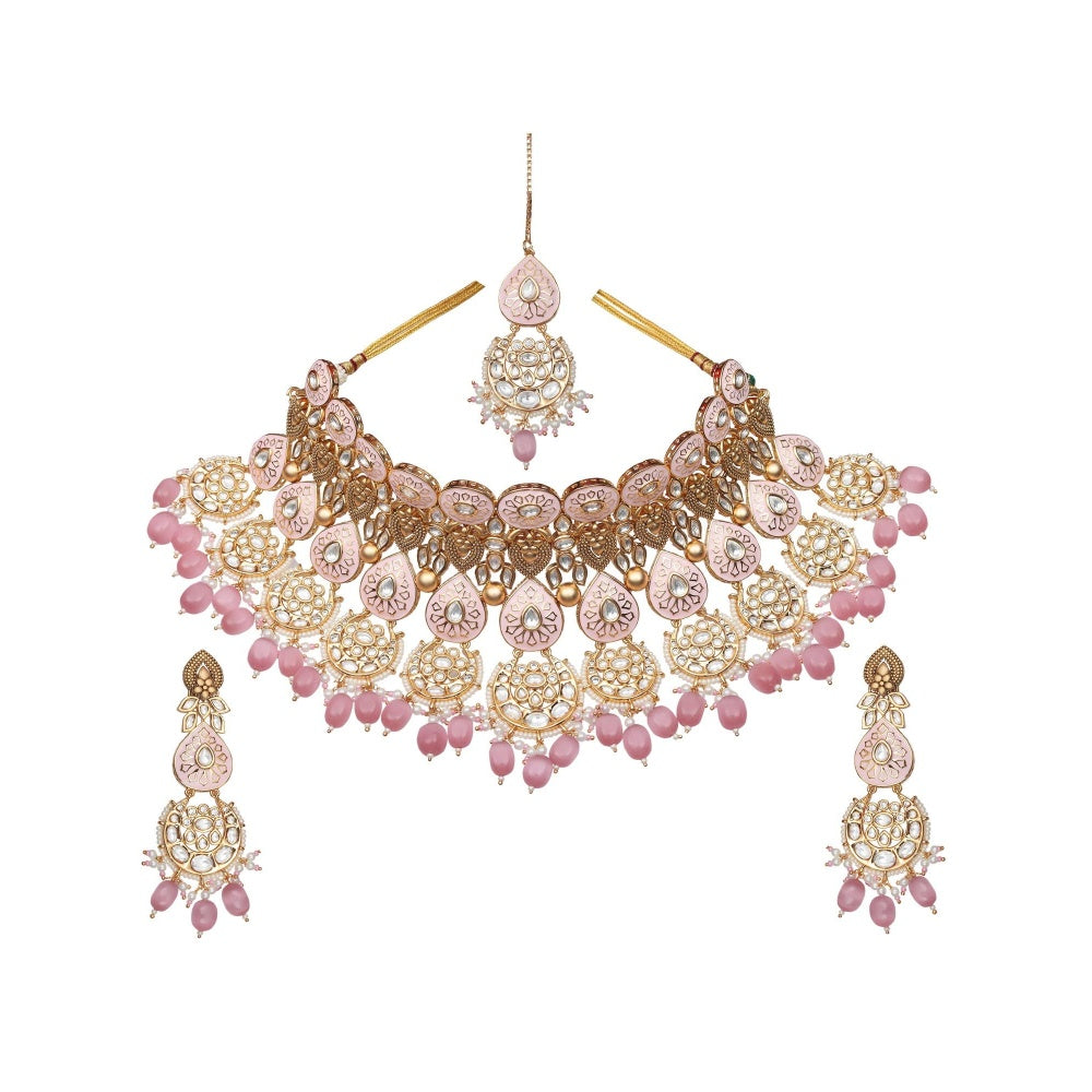 Akulya Jewels Blush Pink and White Minakari Kundan Choker (Set of 3)