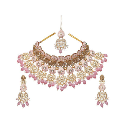 Akulya Jewels Blush Pink and White Minakari Kundan Choker (Set of 3)