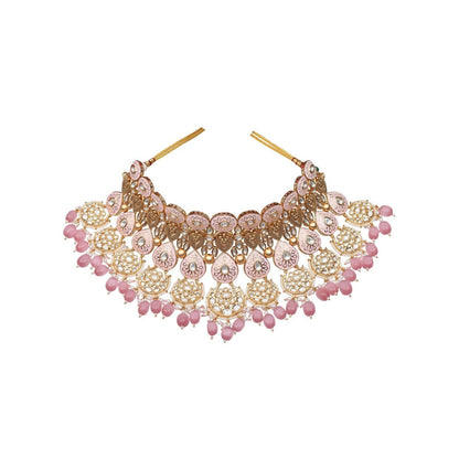 Akulya Jewels Blush Pink and White Minakari Kundan Choker (Set of 3)