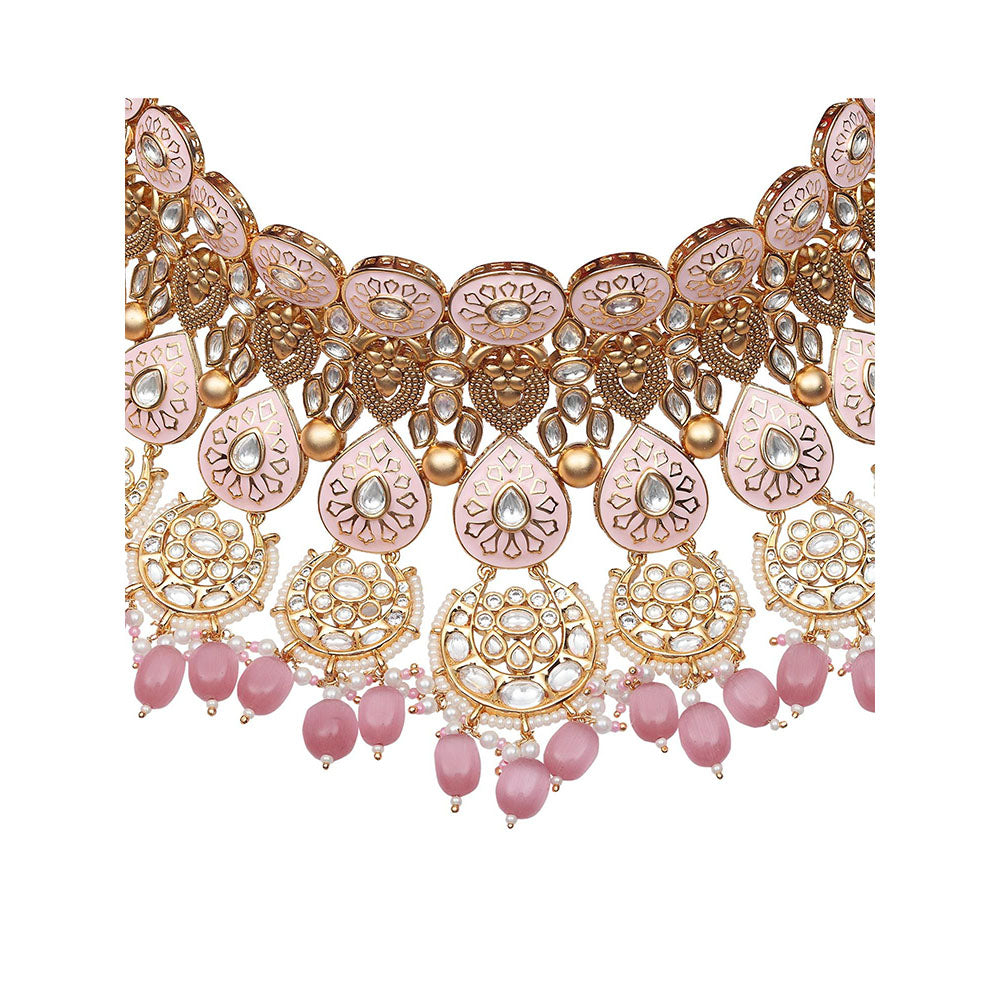 Akulya Jewels Blush Pink and White Minakari Kundan Choker (Set of 3)