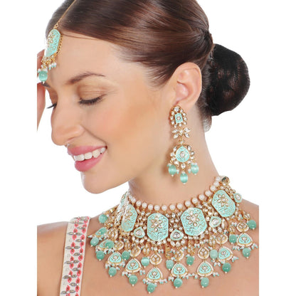 Akulya Jewels Exquisite Turquoise Minakari Kundan Choker (Set of 3)