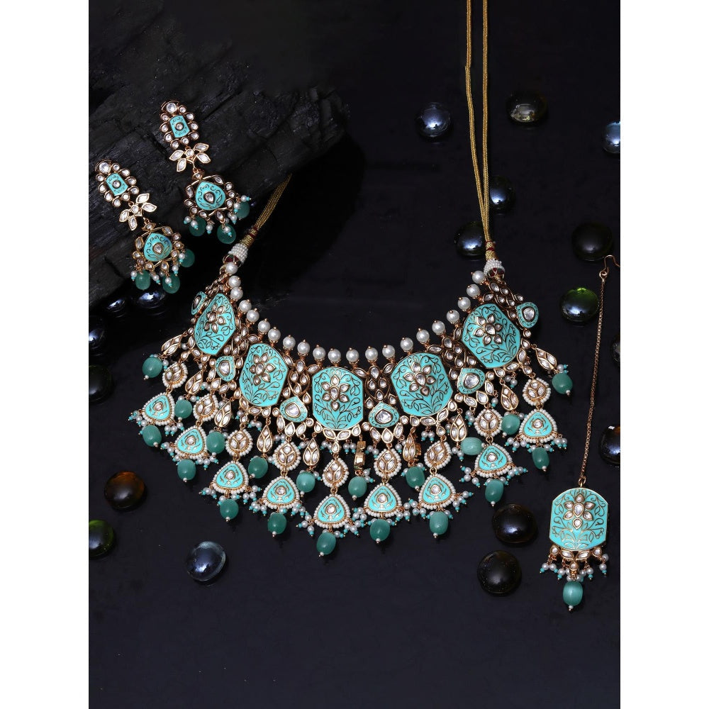 Akulya Jewels Exquisite Turquoise Minakari Kundan Choker (Set of 3)