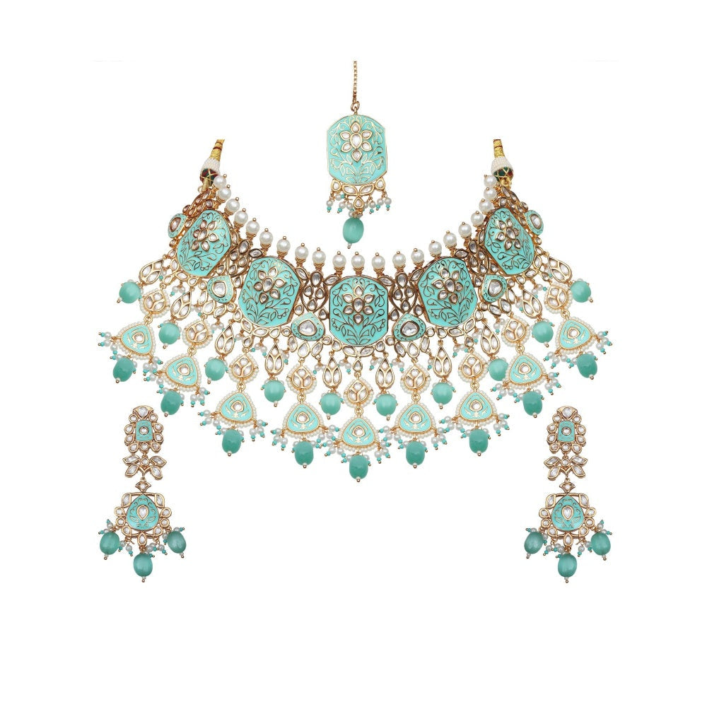 Akulya Jewels Exquisite Turquoise Minakari Kundan Choker (Set of 3)