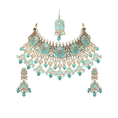 Akulya Jewels Exquisite Turquoise Minakari Kundan Choker (Set of 3)