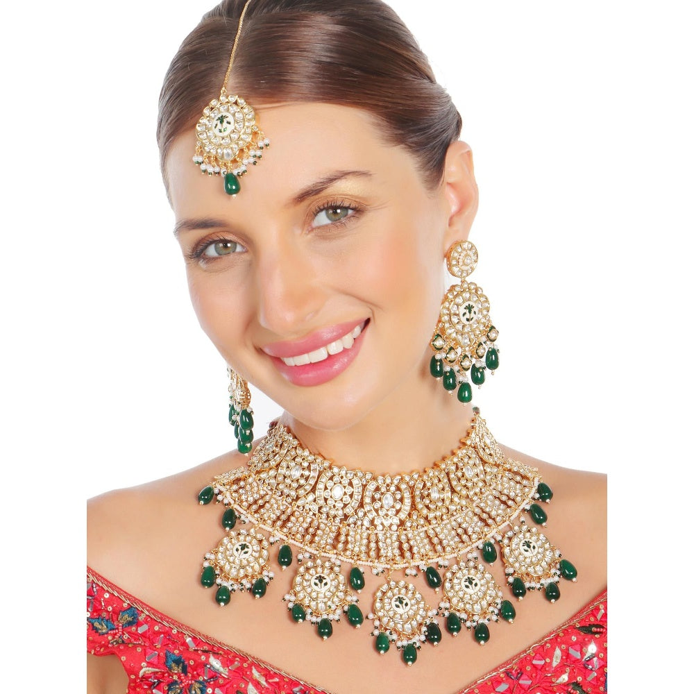 Akulya Jewels Emerald Green Minakari Kundan Choker (Set of 3)