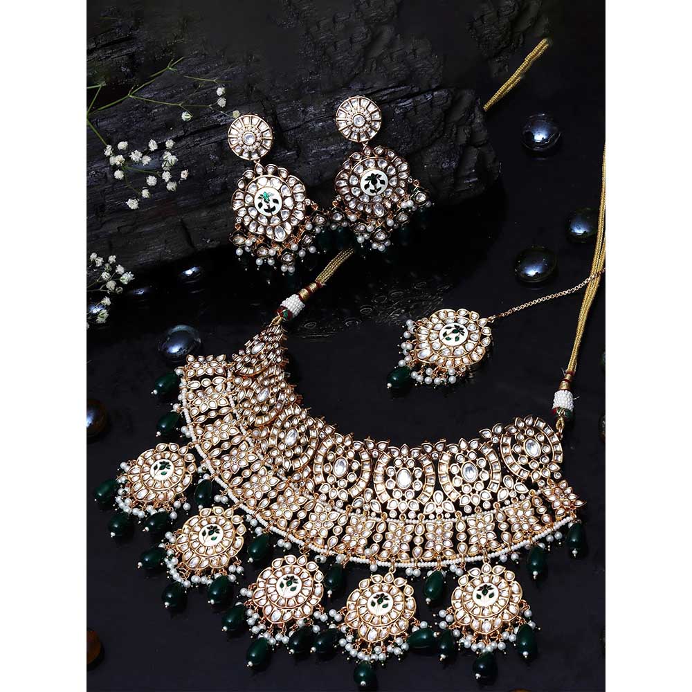 Akulya Jewels Emerald Green Minakari Kundan Choker (Set of 3)
