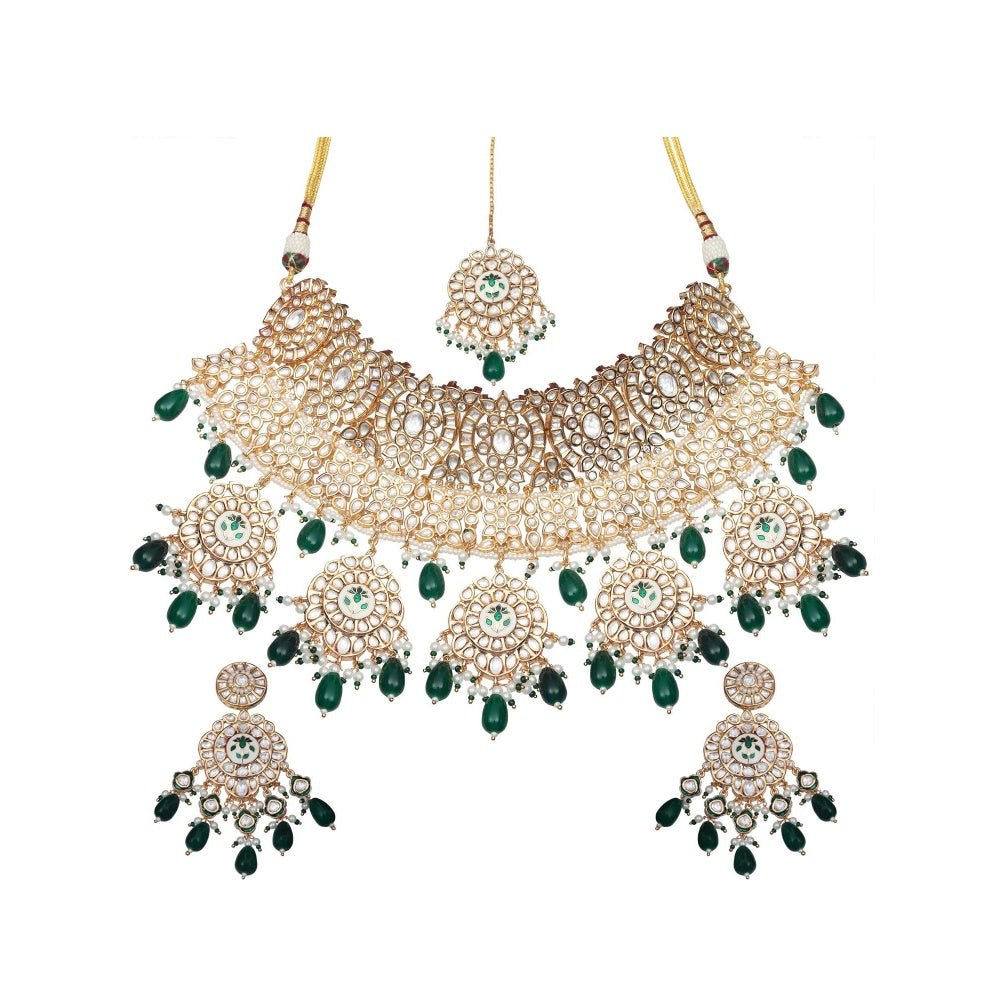 Akulya Jewels Emerald Green Minakari Kundan Choker (Set of 3)