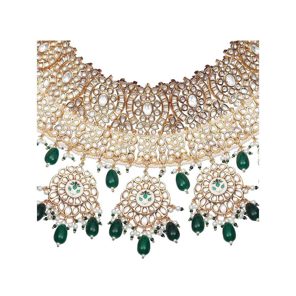 Akulya Jewels Emerald Green Minakari Kundan Choker (Set of 3)