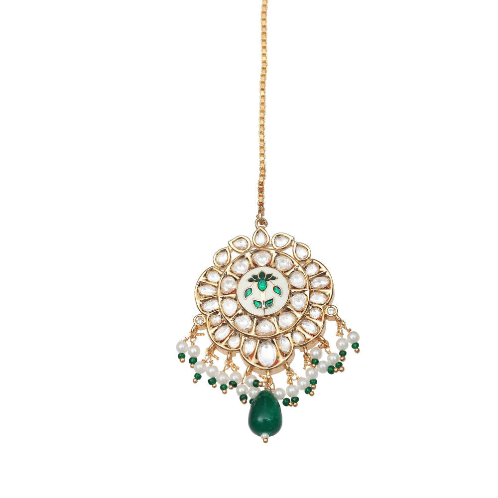 Akulya Jewels Emerald Green Minakari Kundan Choker (Set of 3)