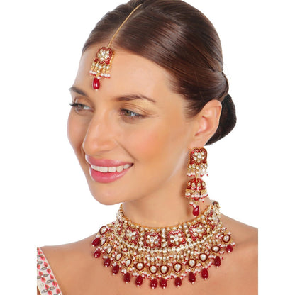 Akulya Jewels Red Minakari Kundan Choker (Set of 3)