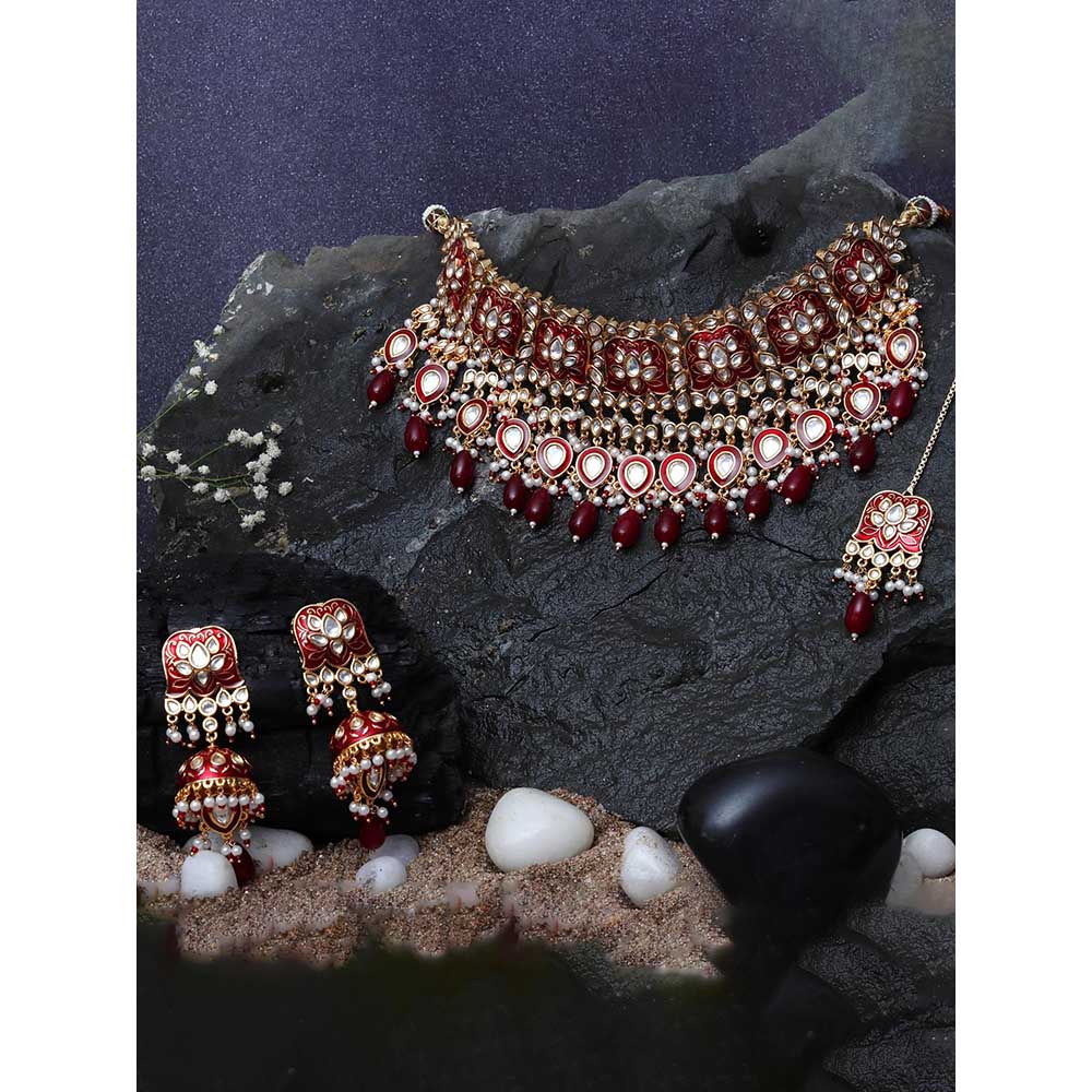 Akulya Jewels Red Minakari Kundan Choker (Set of 3)