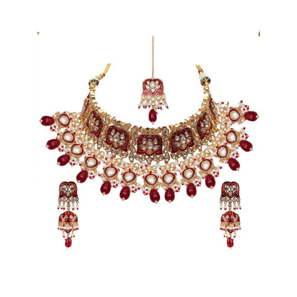 Akulya Jewels Red Minakari Kundan Choker (Set of 3)