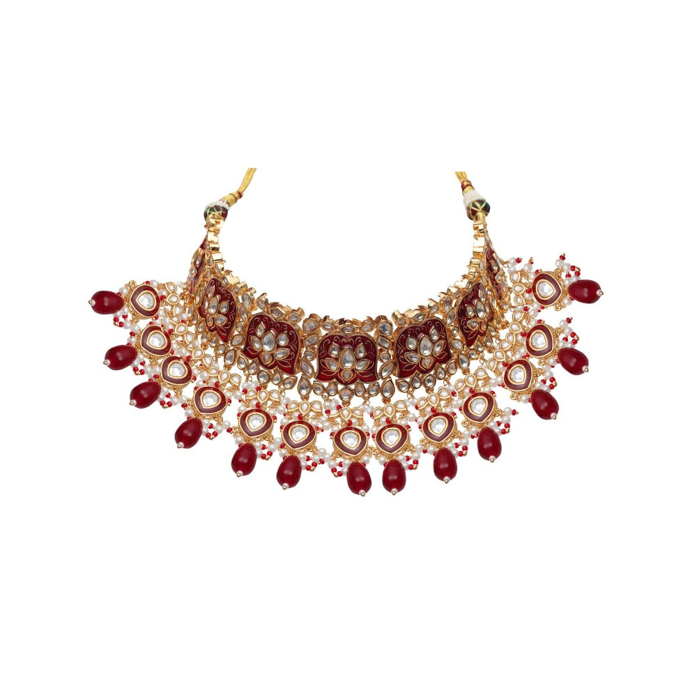 Akulya Jewels Red Minakari Kundan Choker (Set of 3)