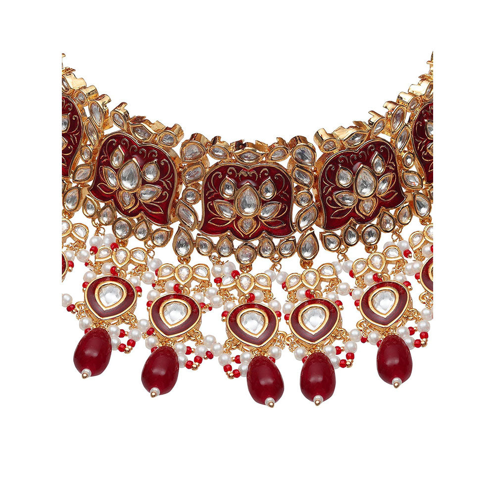 Akulya Jewels Red Minakari Kundan Choker (Set of 3)