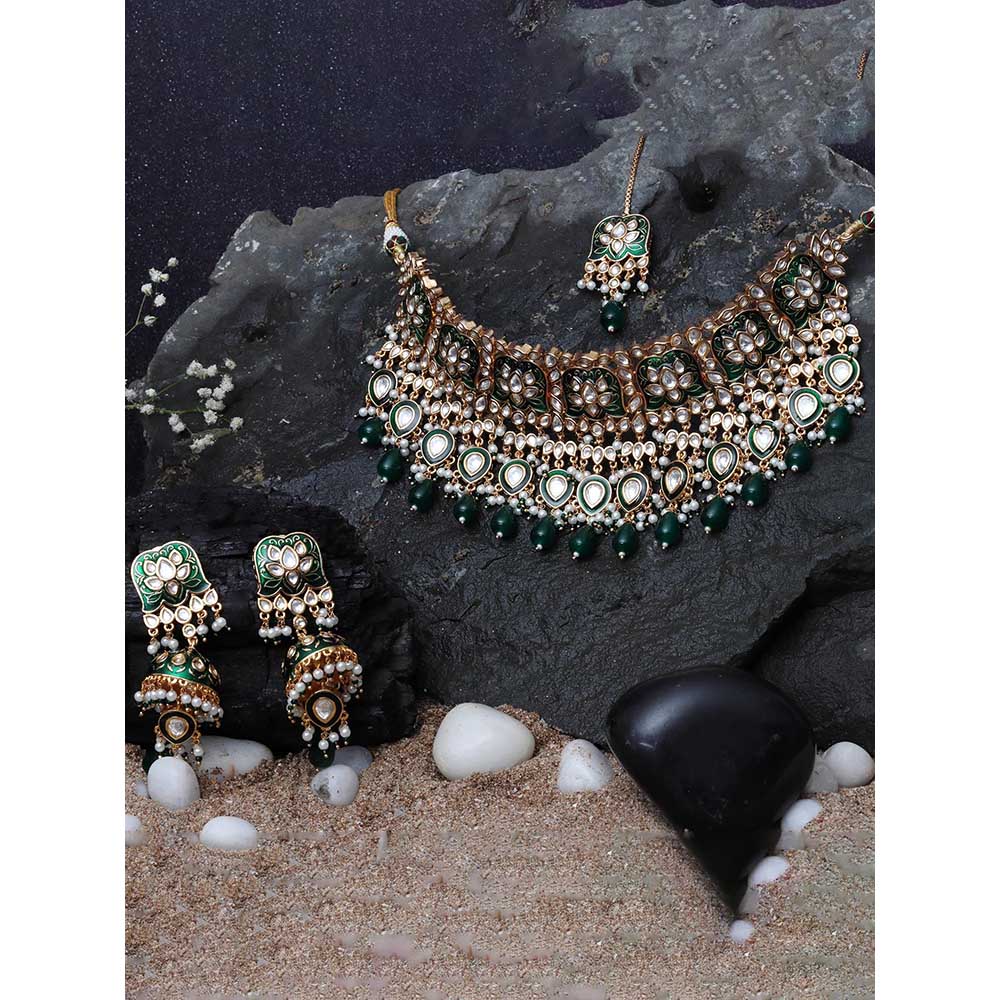 Akulya Jewels Green Minakari Kundan Choker (Set of 3)