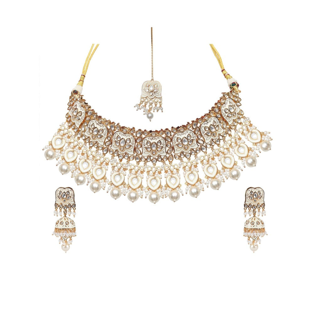Akulya Jewels White Minakari Kundan Choker (Set of 3)