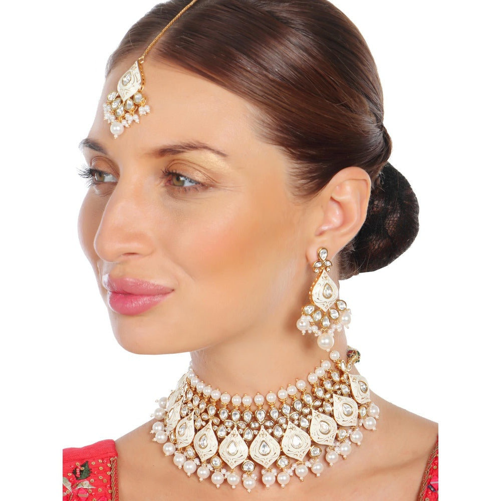 Akulya Jewels White Minakari Kundan Pearl Choker (Set of 3)