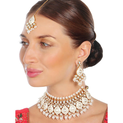 Akulya Jewels White Minakari Kundan Pearl Choker (Set of 3)