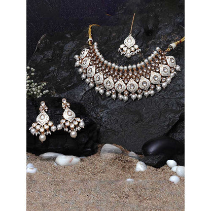 Akulya Jewels White Minakari Kundan Pearl Choker (Set of 3)