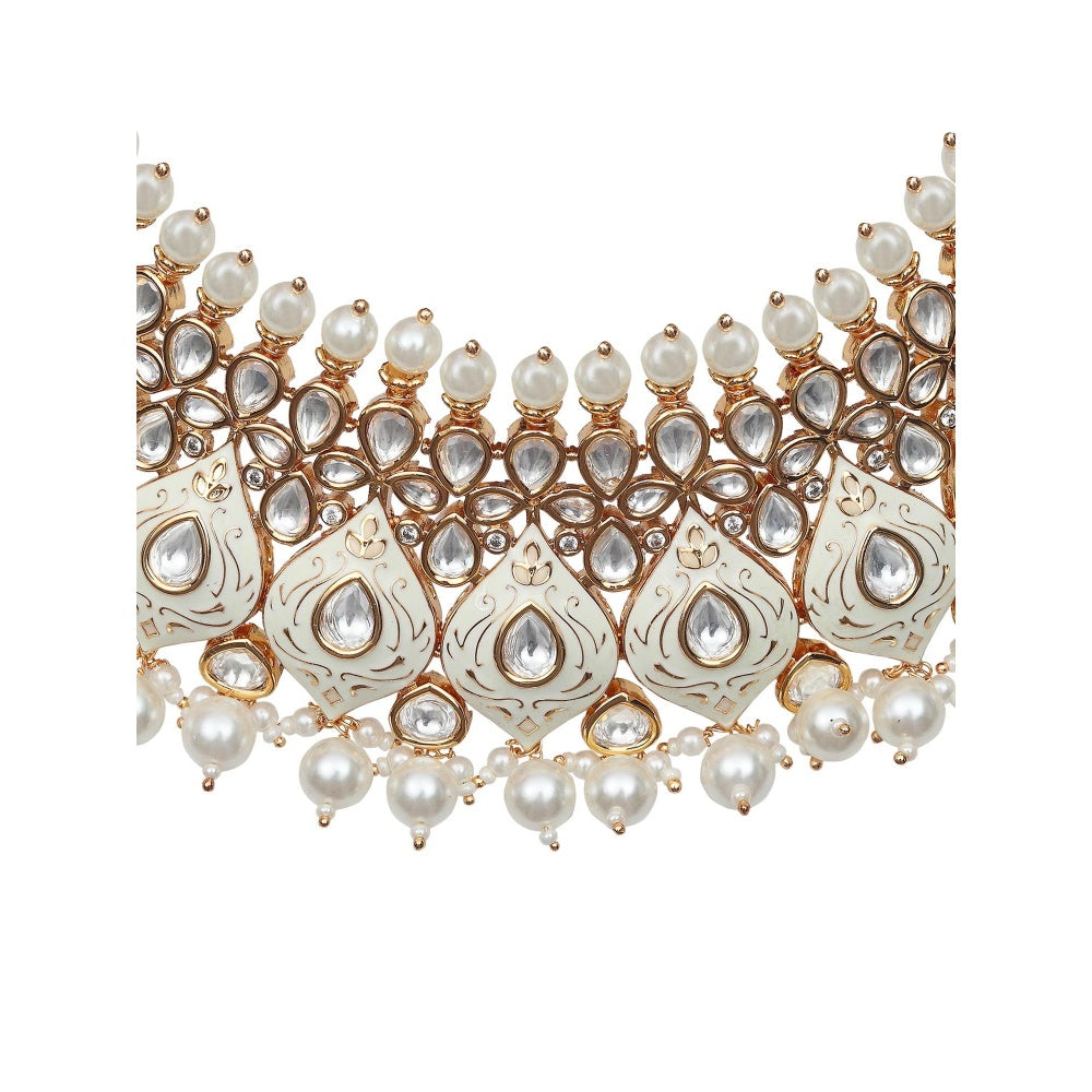 Akulya Jewels White Minakari Kundan Pearl Choker (Set of 3)