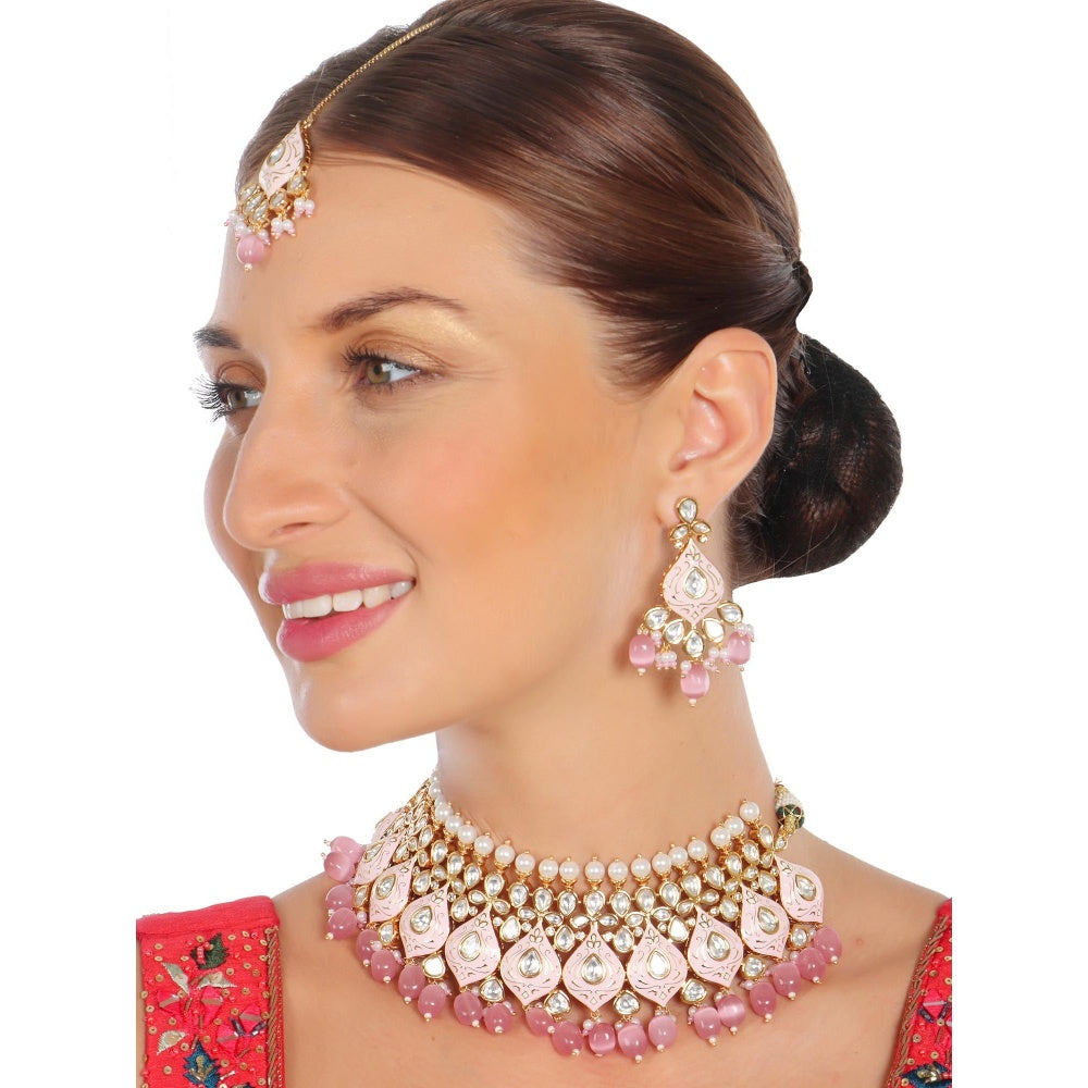 Akulya Jewels Blush Pink Minakari Kundan Pearl Choker (Set of 3)