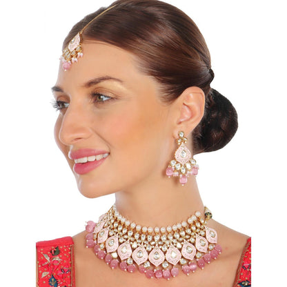 Akulya Jewels Blush Pink Minakari Kundan Pearl Choker (Set of 3)