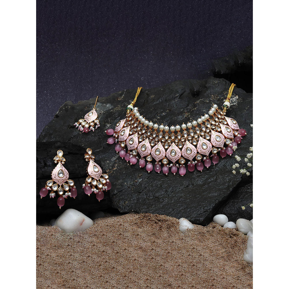Akulya Jewels Blush Pink Minakari Kundan Pearl Choker (Set of 3)