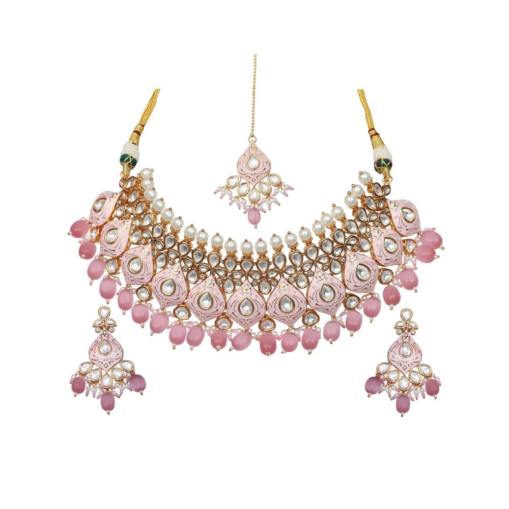 Akulya Jewels Blush Pink Minakari Kundan Pearl Choker (Set of 3)
