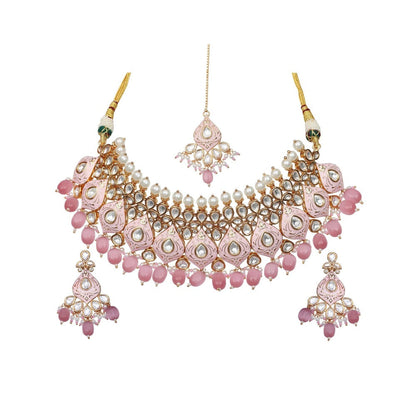 Akulya Jewels Blush Pink Minakari Kundan Pearl Choker (Set of 3)