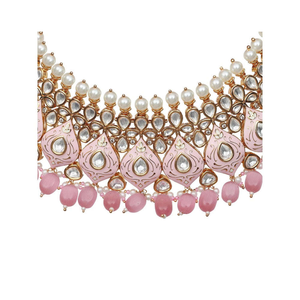 Akulya Jewels Blush Pink Minakari Kundan Pearl Choker (Set of 3)