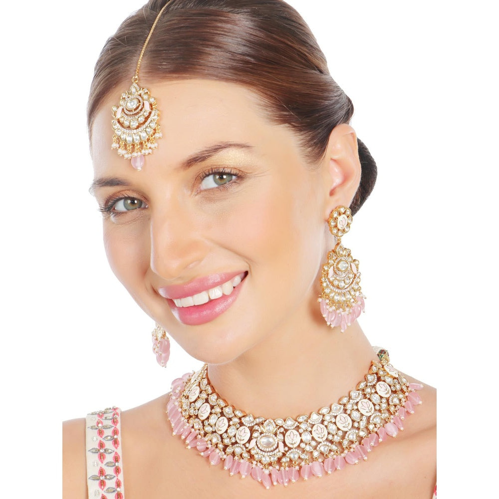 Akulya Jewels Blush Pink Minakari Kundan Choker (Set of 3)