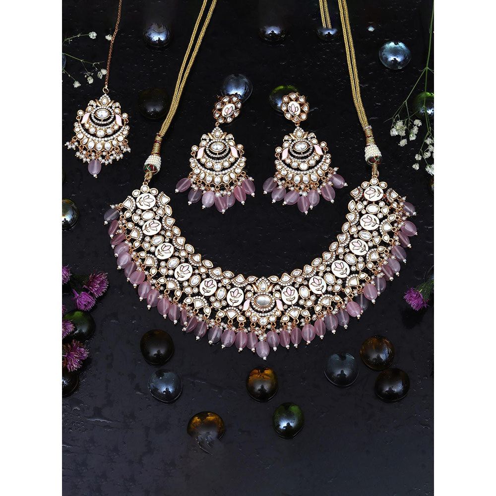 Akulya Jewels Blush Pink Minakari Kundan Choker (Set of 3)